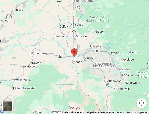 Real Google Maps snapshot centered on Lewiston with a city pin, including Moscow and Pullman